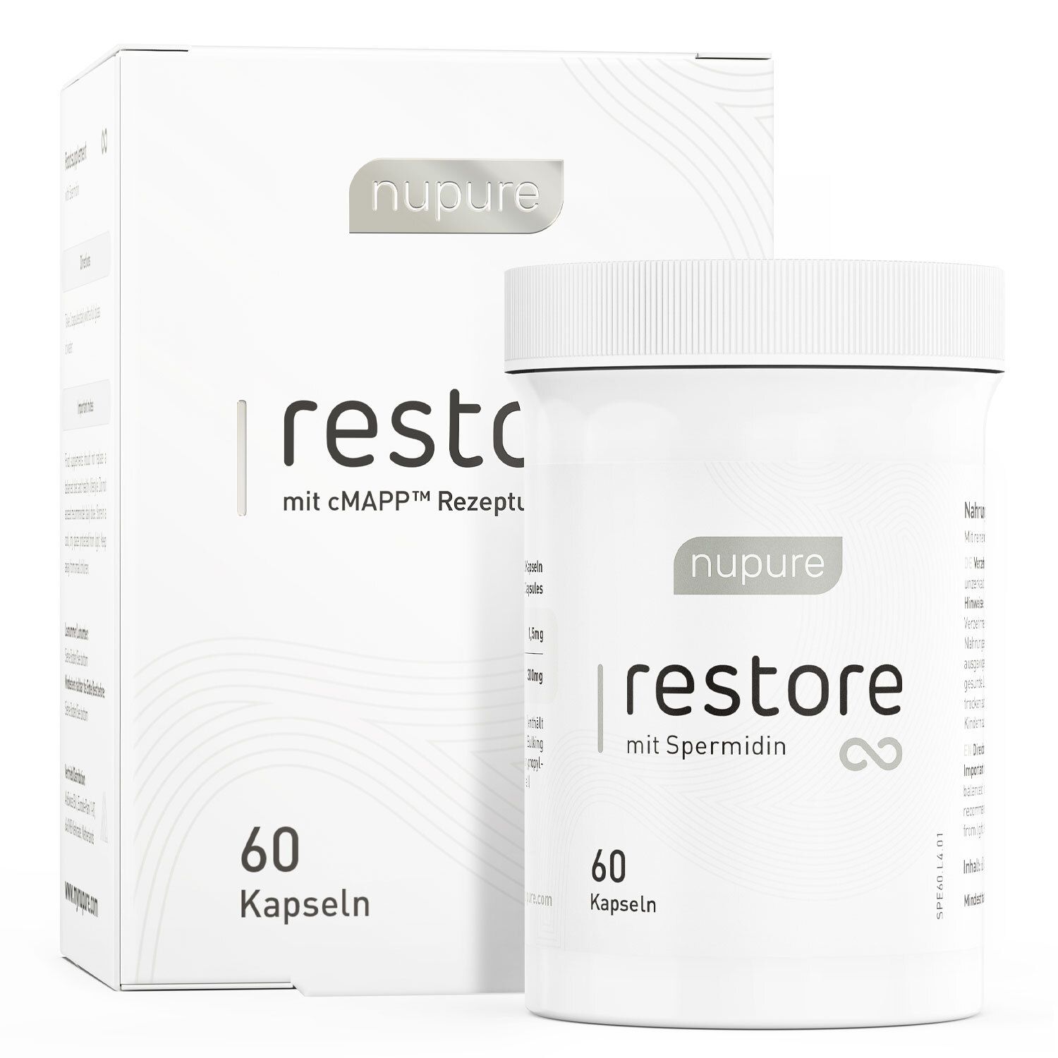 Weiße Schachtel und Dose mit Produktaufschrift. Enthält 60 Kapseln. Marke: nupure restore.