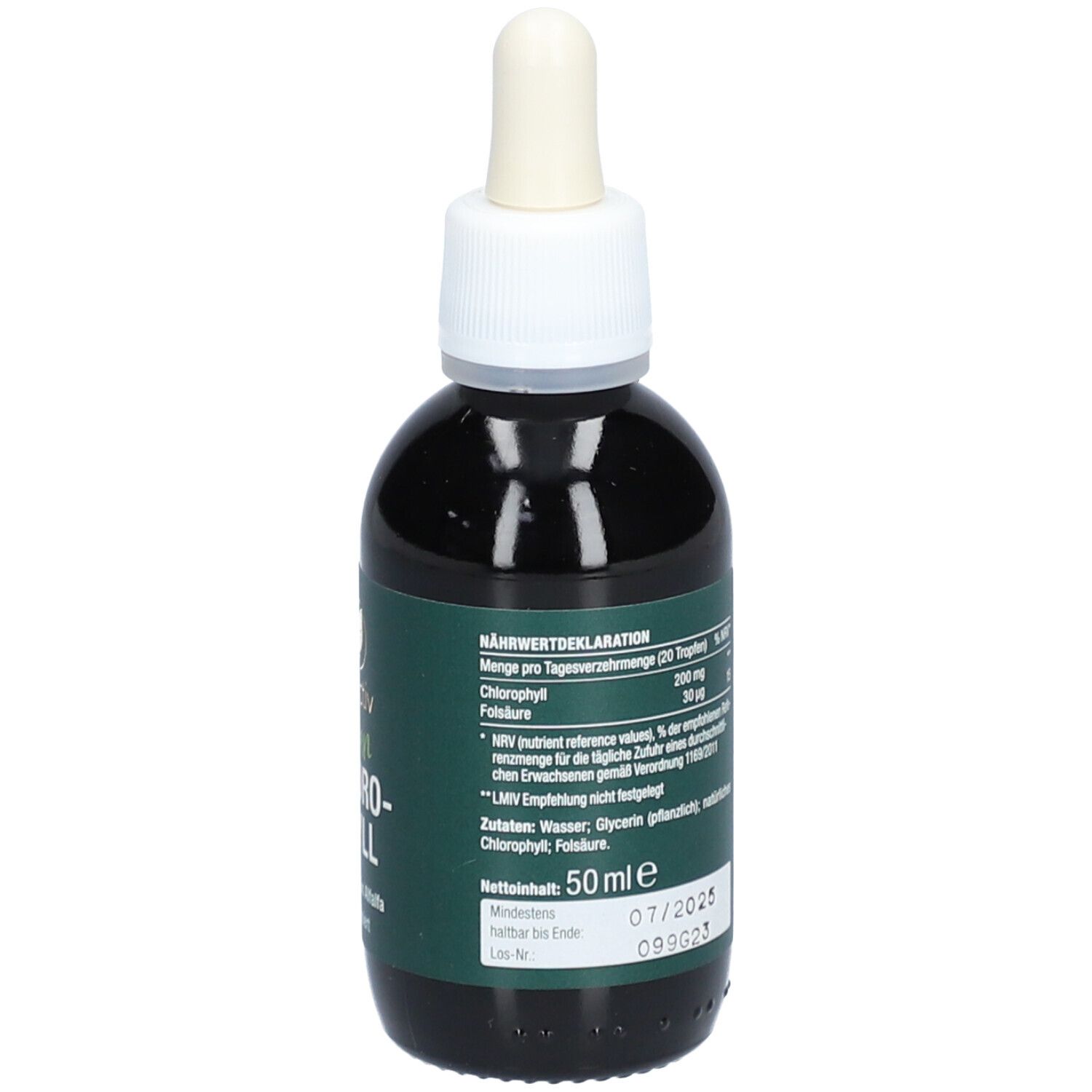 Braune Glasflasche mit Tropfer. Aufschrift: Vitactiv Vegan Chlorophyll. Grünes Etikett.