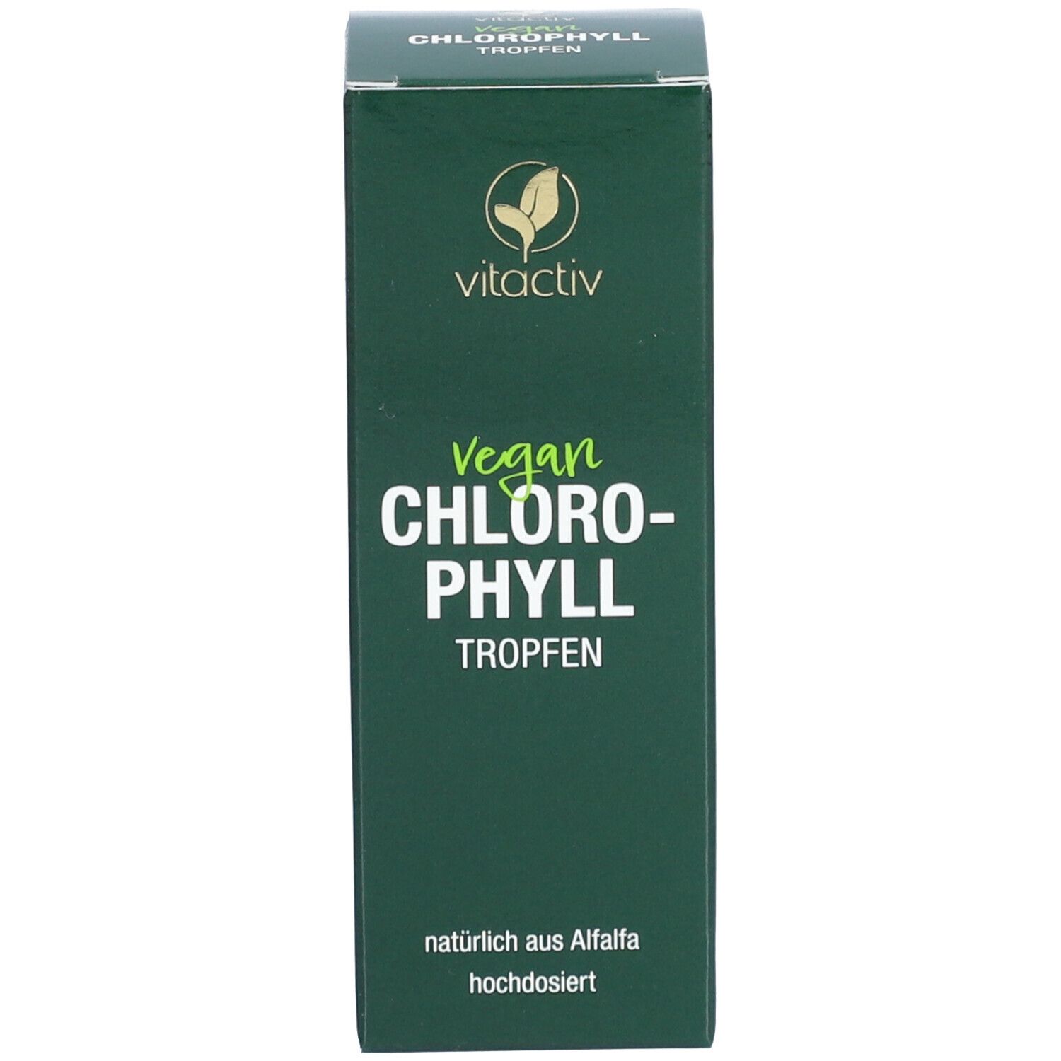 Grüne Verpackung. Aufschrift: Vitactiv Vegan Chlorophyll Tropfen. Natürliches Alfalfa.