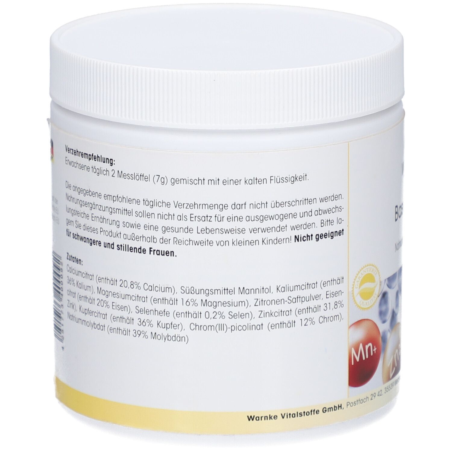 Rückseite des weißen Kunststoff-Behälters. Enthält Informationen zu Inhaltsstoffen und Verzehrempfehlung. Nicht geeignet für Schwangere und Stillende.