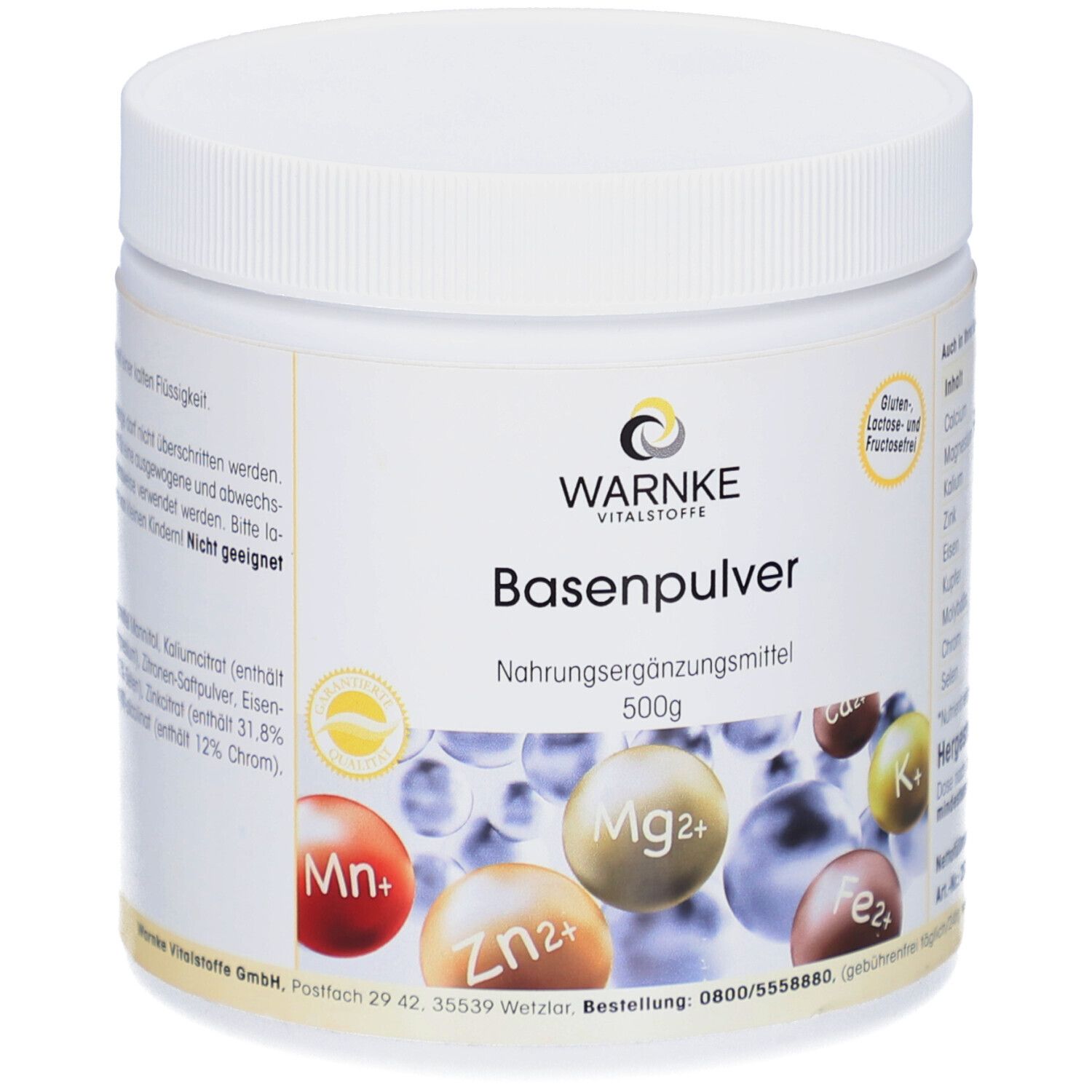 Weißer Kunststoff-Behälter mit gelbem Etikett. Aufschrift: Warnke Basenpulver, 500g. Enthält Mineralien. Gluten-, Laktose- und Fructosefrei.