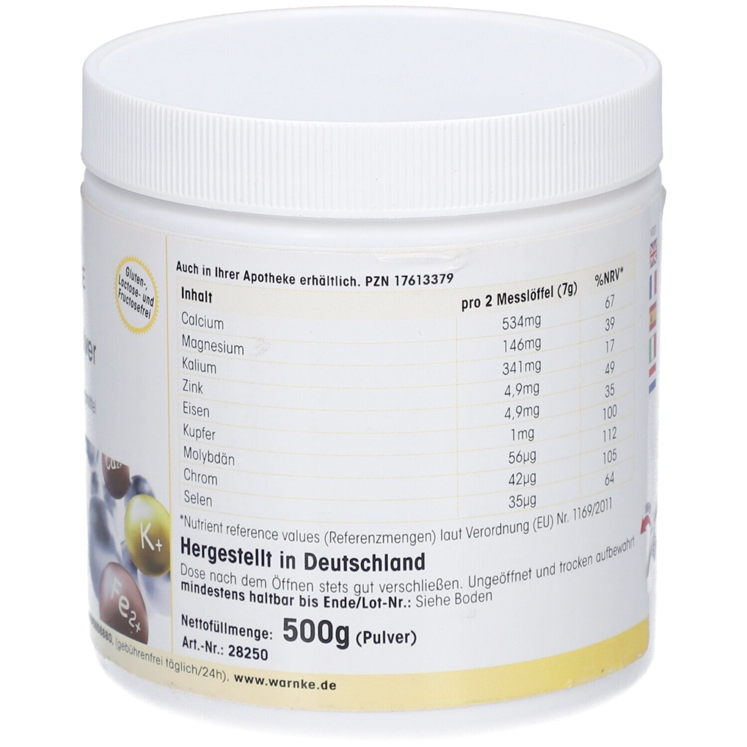 Weißer Kunststoff-Behälter mit gelbem Etikett. Enthält Nährwertangaben und Informationen zur Herstellung in Deutschland. Nettogewicht: 500g.