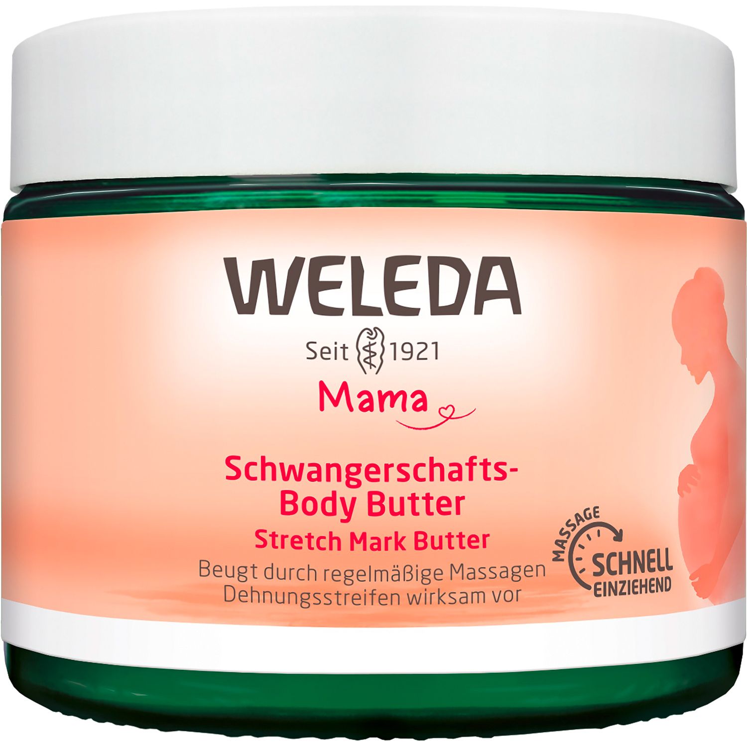Beurre corporel Weleda Mama. Pot. Couvercle vert et blanc. Femme enceinte.