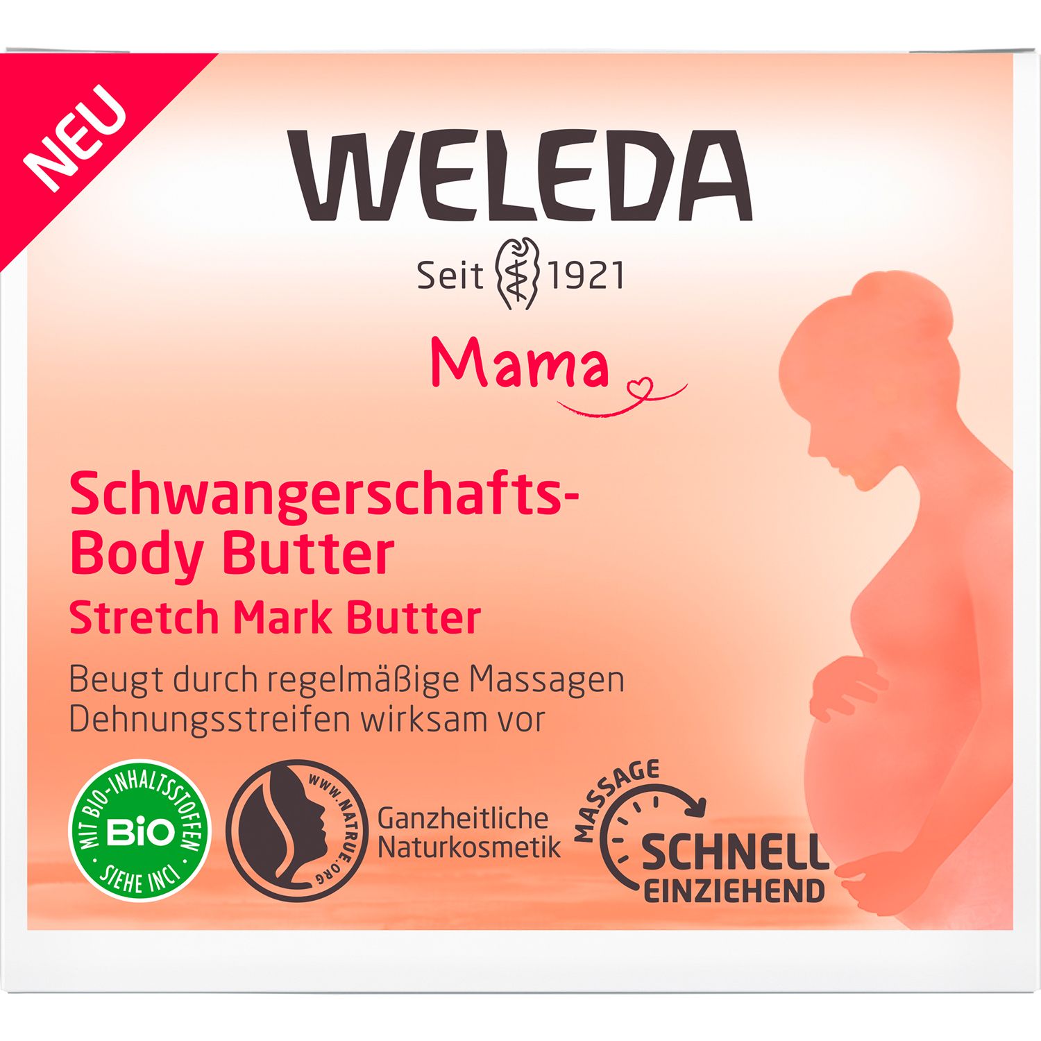 Beurre corporel Weleda Mama. Emballage. Label bio. Femme enceinte.