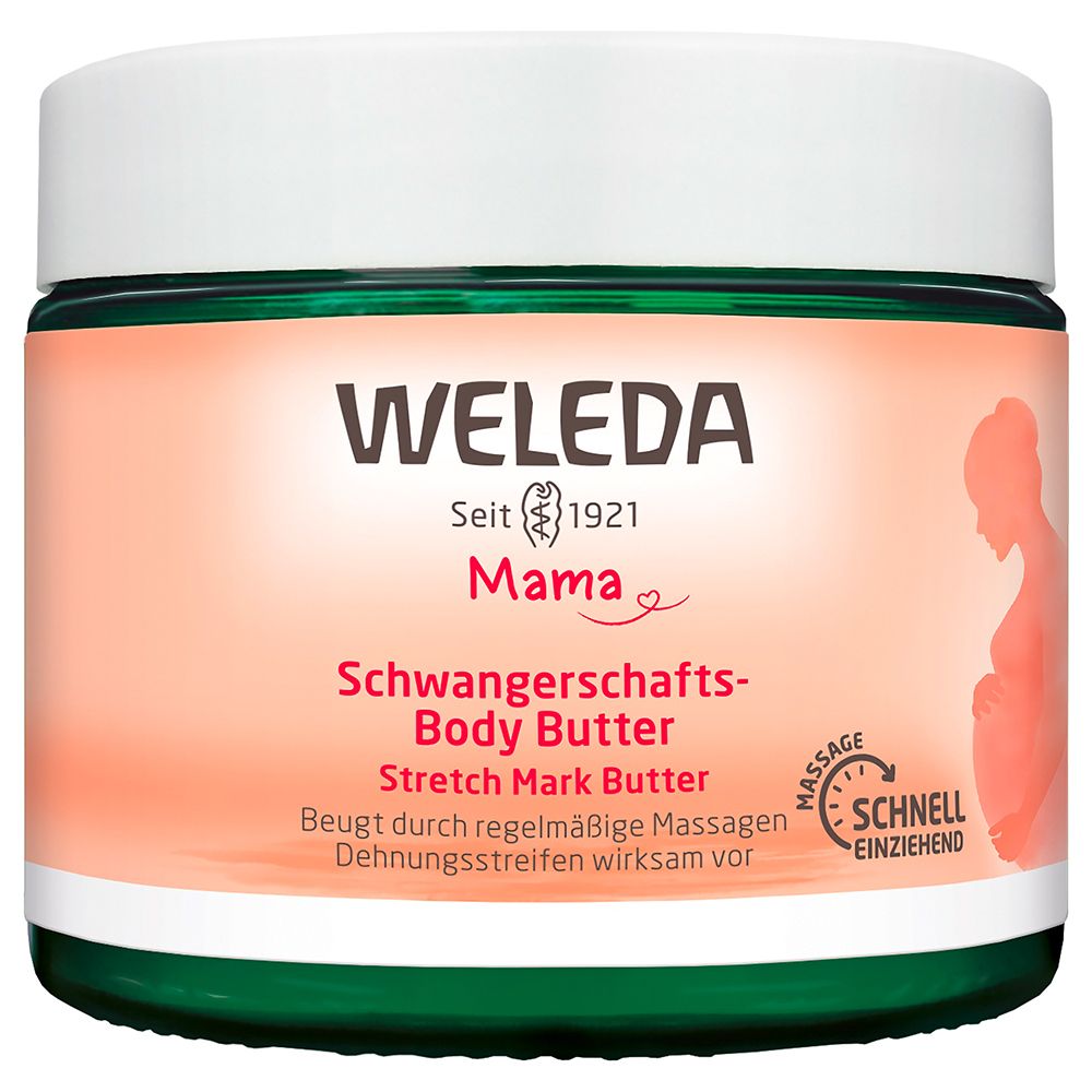 Beurre corporel Weleda Mama. Pot. Couvercle vert et blanc. Femme enceinte.