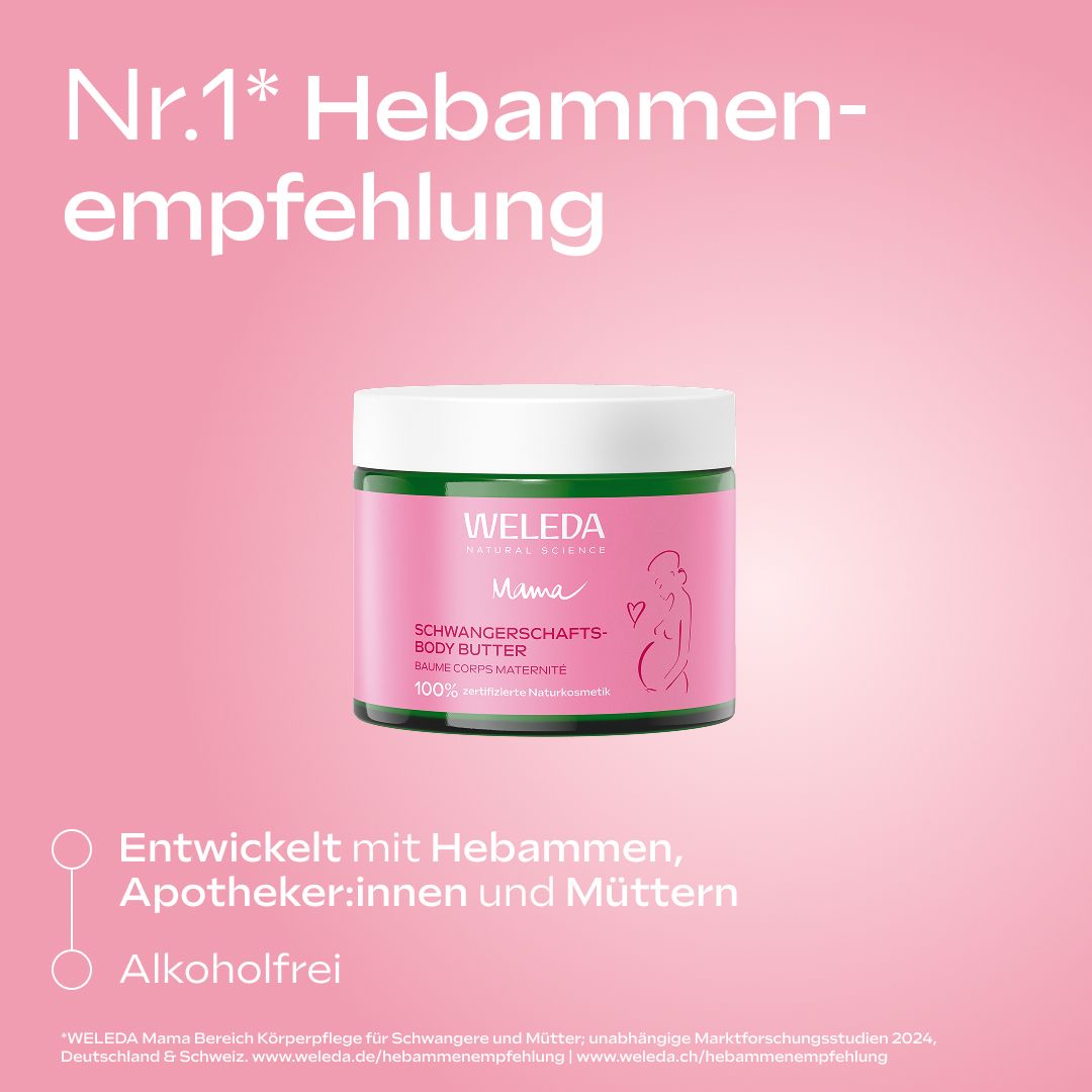 Grüner Tiegel mit rosa Etikett. WELEDA Mama Schwangerschafts-Body Butter. Nr.1 Hebammenempfehlung.