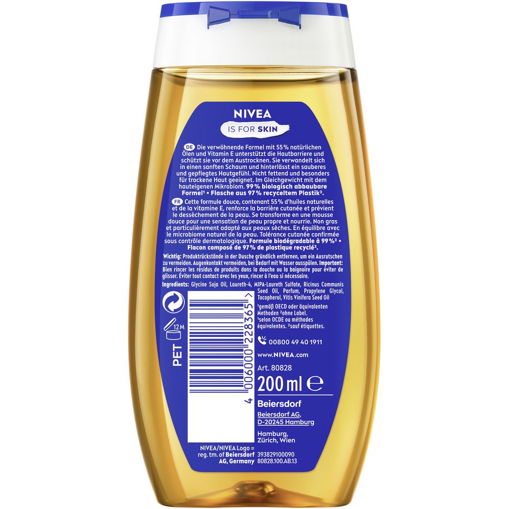 Dos de la bouteille NIVEA Huile de douche soin avec informations produit et code-barres. 200 ml.
