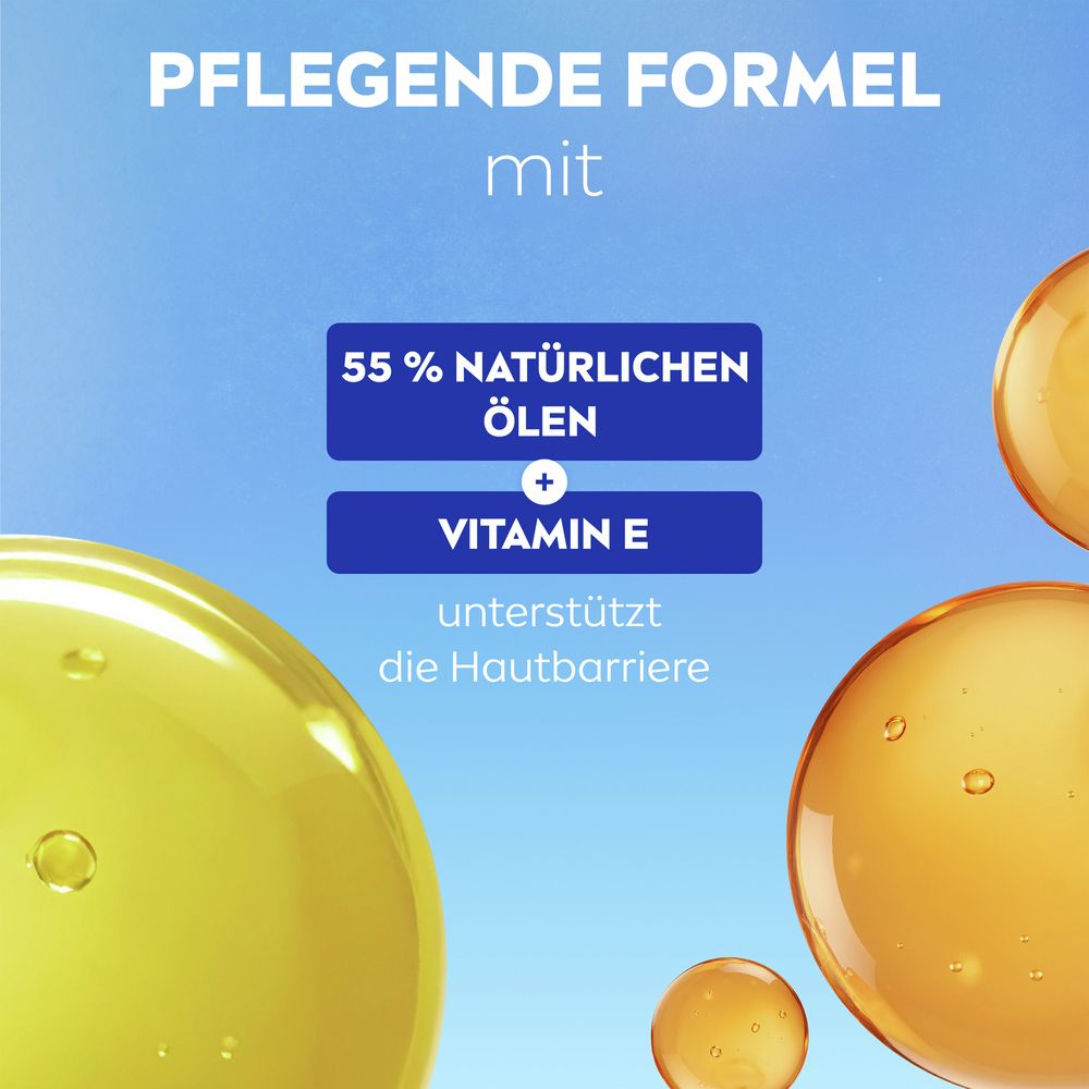 Formule soin de l'huile de douche NIVEA: 55% d'huiles naturelles + Vitamine E. Soutient la barrière cutanée.
