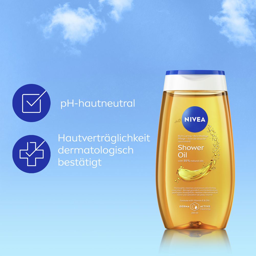 NIVEA Huile de douche soin: pH neutre pour la peau et testé dermatologiquement. Liquide jaune dans une bouteille transparente.