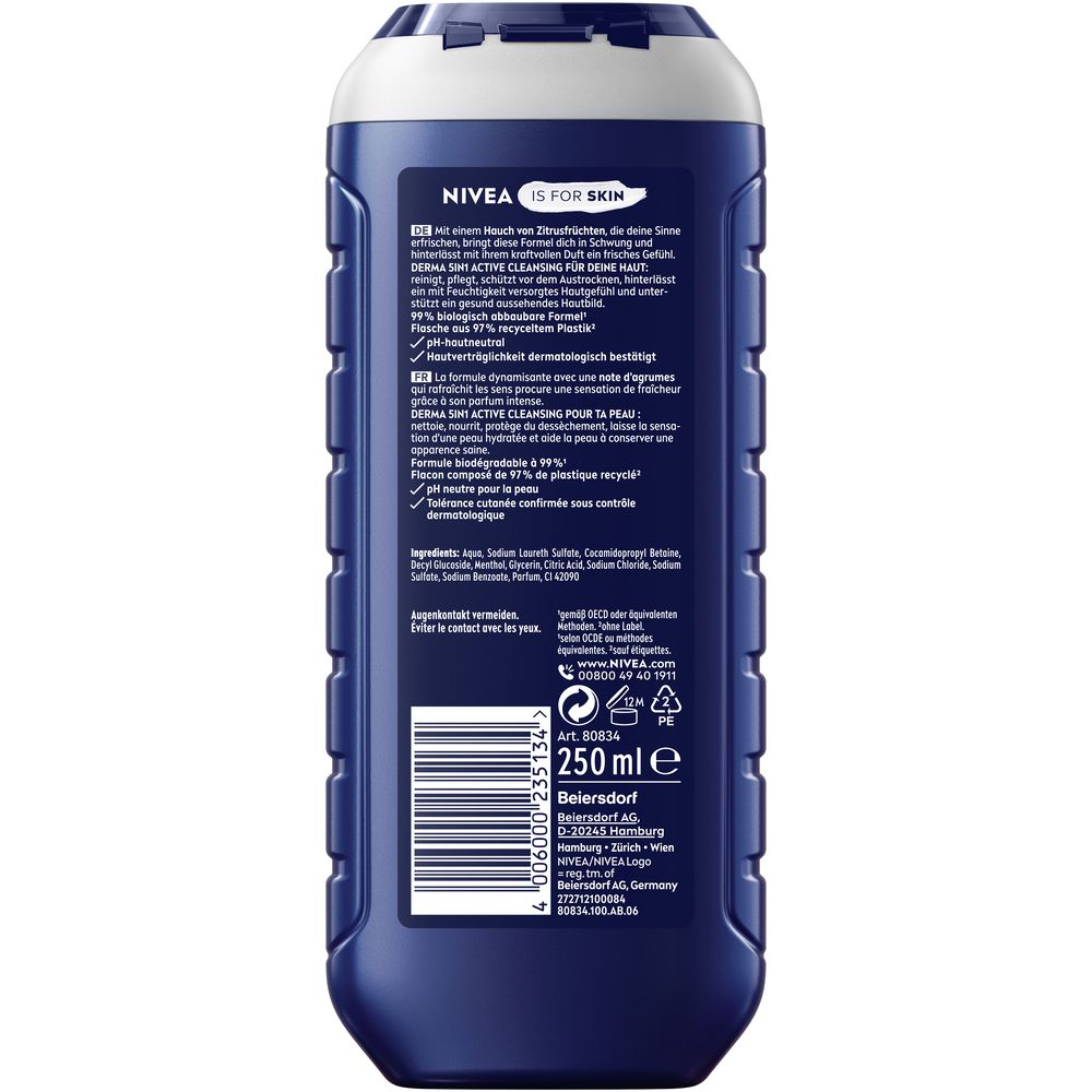 Rückseite Nivea Men Duschgel Power Fresh, 250ml, mit Inhaltsstoffen und Anwendungshinweisen.