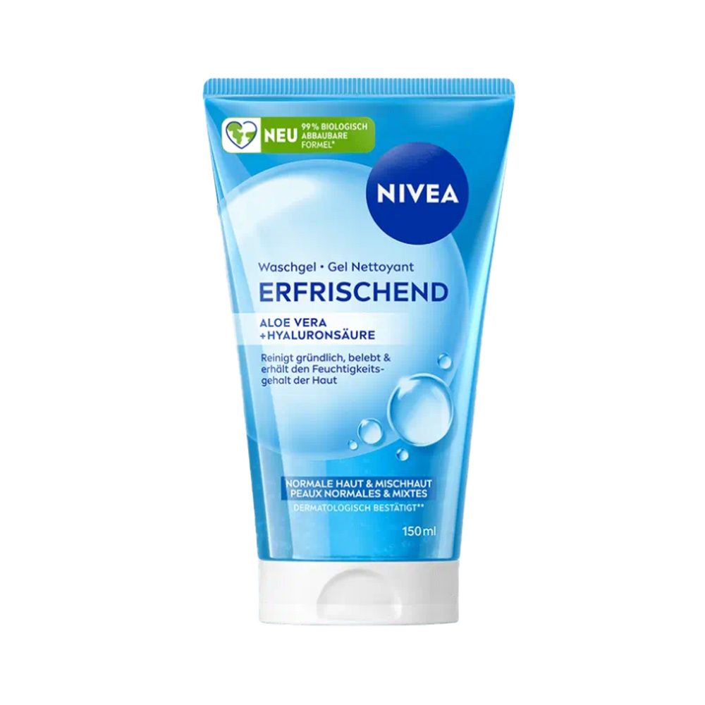 Tube bleu transparent avec logo NIVEA et inscription Waschgel. Texte : Erfrischend, Aloe Vera + Hyaluronsäure. Sceau vert et blanc.