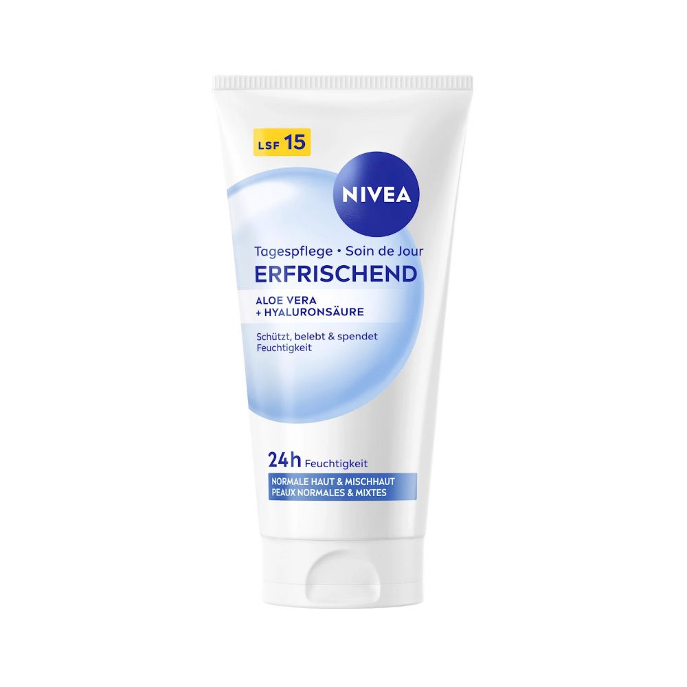 NIVEA Erfrischende Tagespflege Tube mit LSF 15, Aloe Vera und Hyaluronsäure für 24h Feuchtigkeit.