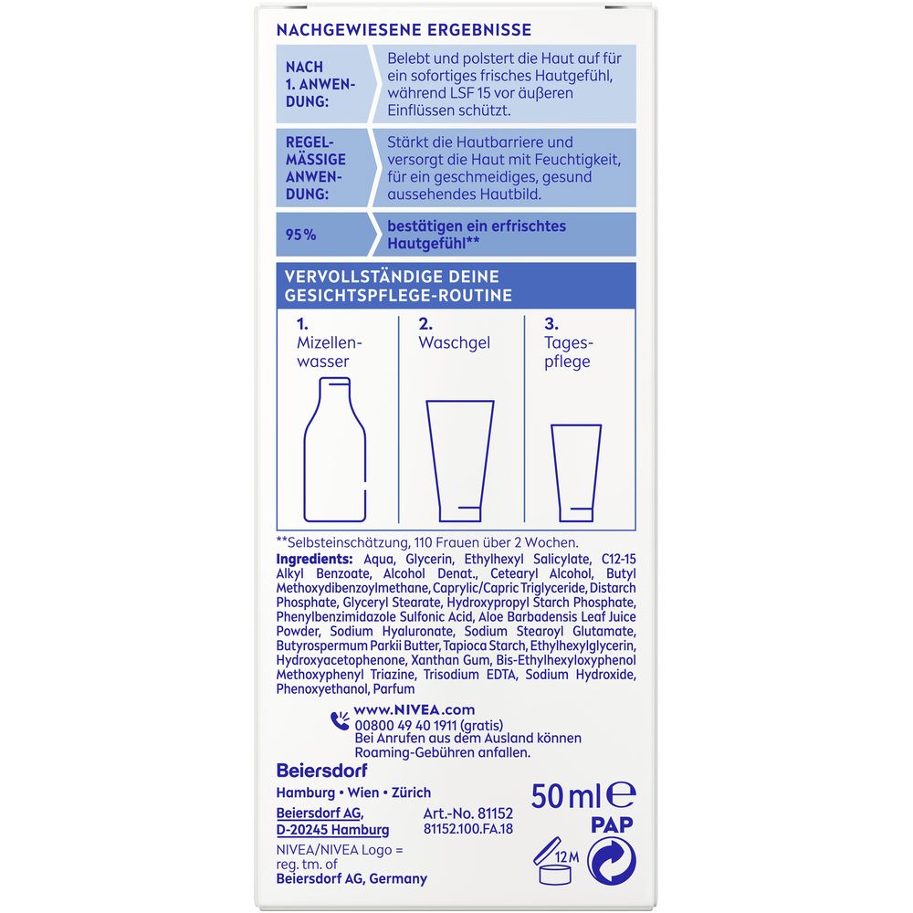 Arrière de la boîte NIVEA Soin de Jour Rafraîchissant avec instructions et ingrédients.