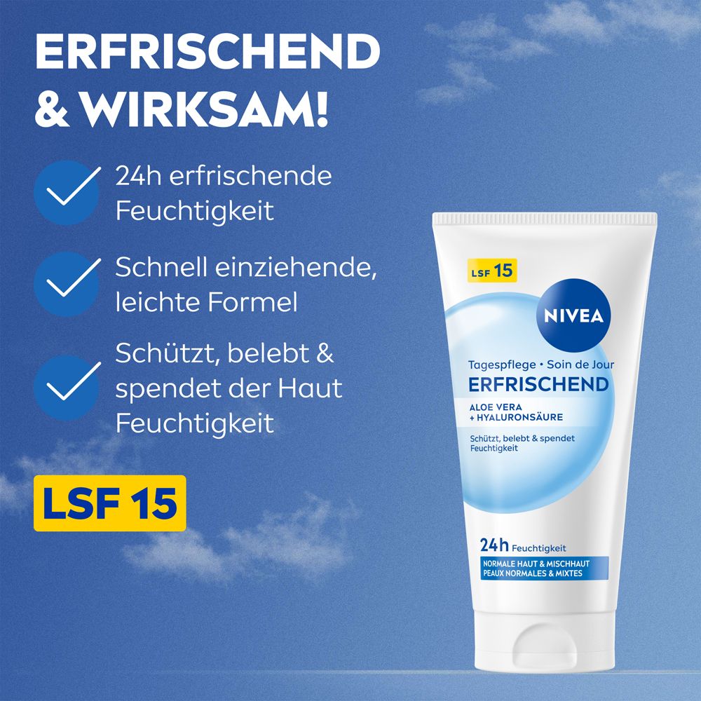 NIVEA Soin de Jour Rafraîchissant SPF 15: hydratation 24h, formule légère, protège et revitalise.