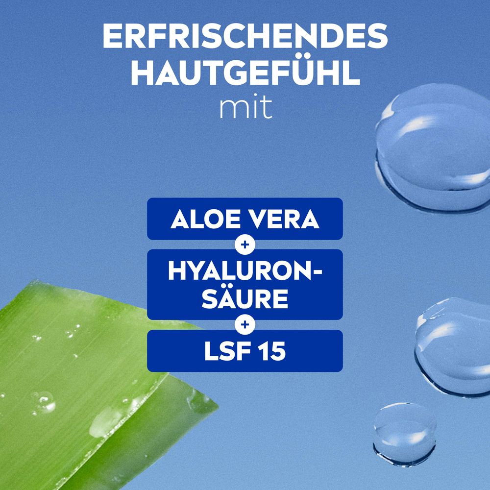 NIVEA Soin de Jour Rafraîchissant: Aloe Vera, acide hyaluronique et SPF 15 pour une peau rafraîchie.