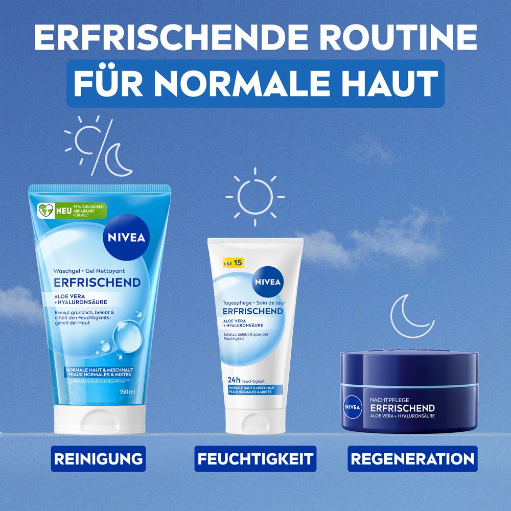 Routine Rafraîchissante NIVEA pour peau normale: gel nettoyant, soin de jour, soin de nuit.