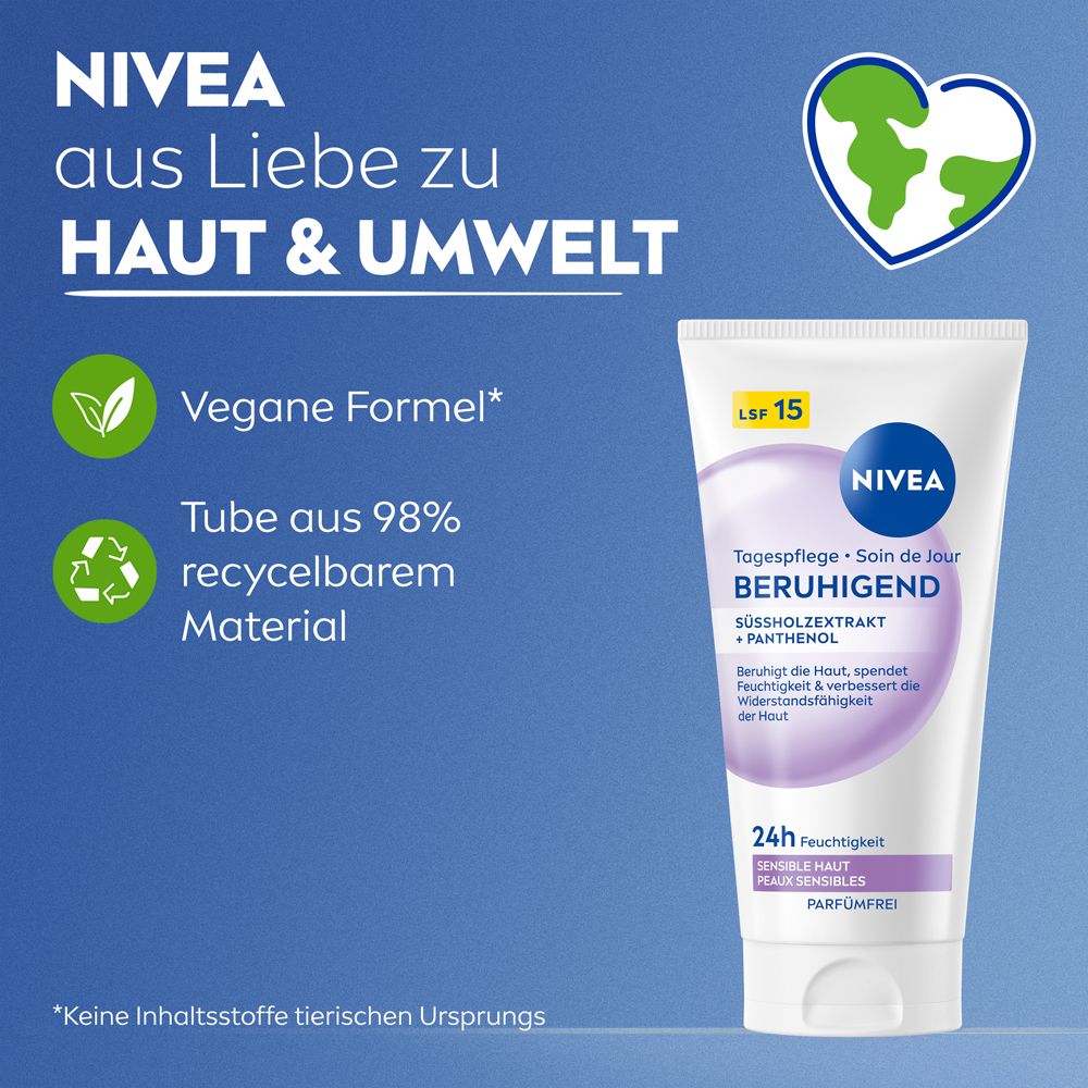 NIVEA Soin de Jour Apaisant SPF 15 tube. Formule végane, tube en matériau recyclé à 98%.