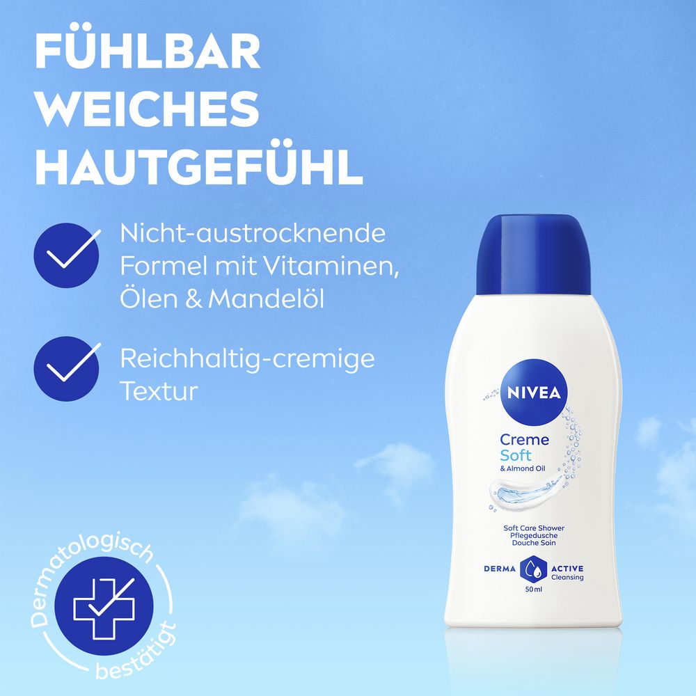 NIVEA Creme Soft Pflegedusche Flasche mit Text über weiches Hautgefühl und Inhaltsstoffe.