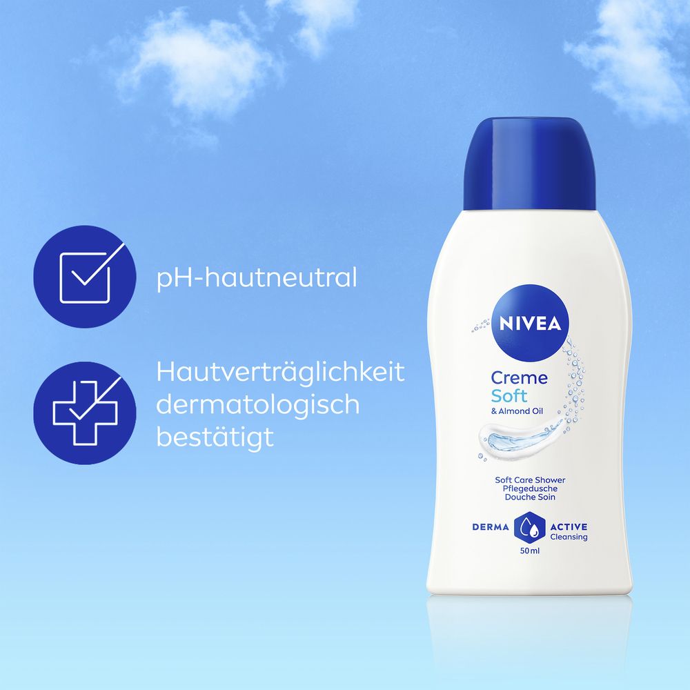 NIVEA Creme Soft Pflegedusche Flasche mit Text über pH-hautneutral und dermatologisch bestätigt.