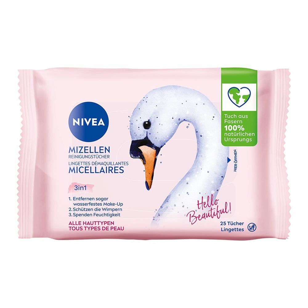 Lingettes démaquillantes micellaires NIVEA 3-en-1 avec motif cygne. 25 lingettes, tous types de peau.