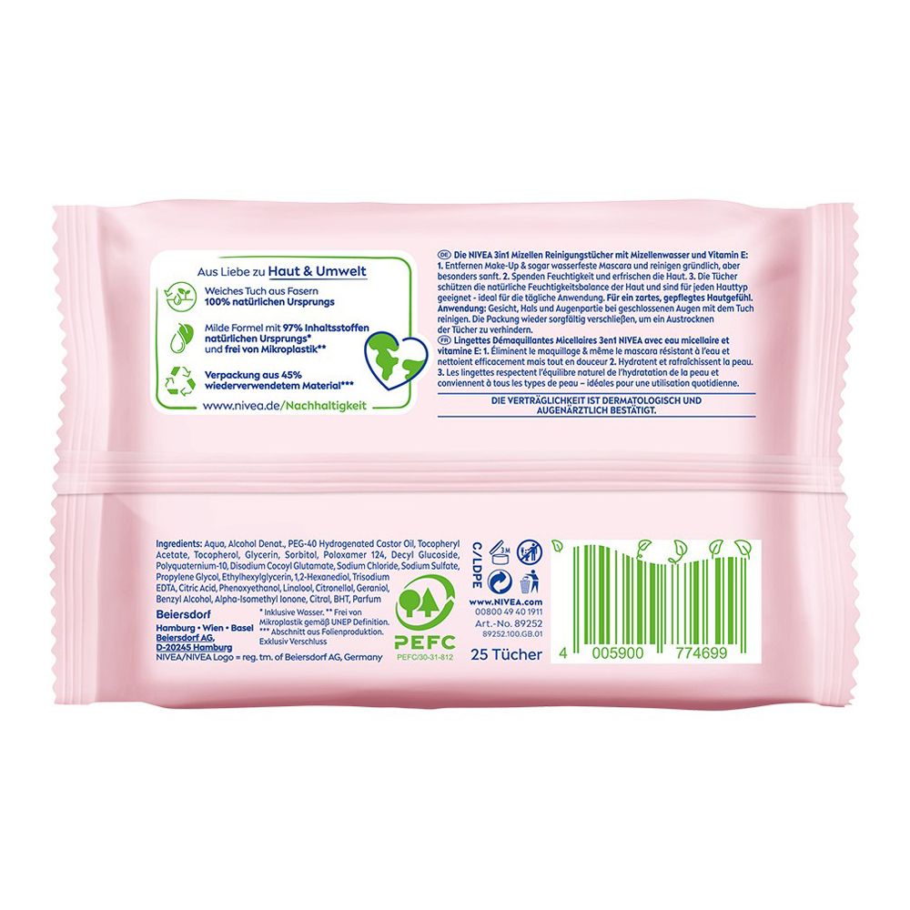 Dos NIVEA lingettes démaquillantes micellaires 3-en-1. Contient ingrédients et instructions.