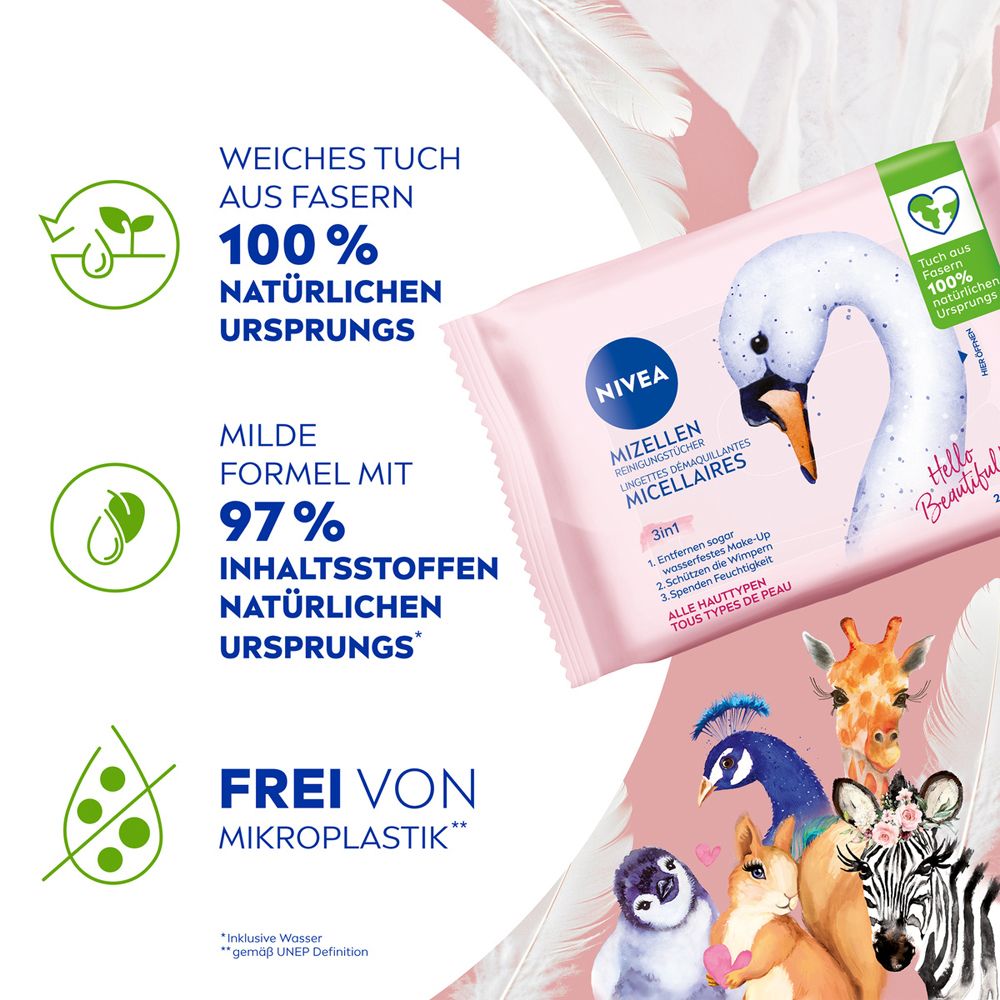 Lingettes démaquillantes micellaires NIVEA 3en1: fibres 100% naturelles, formule douce, sans microplastique.