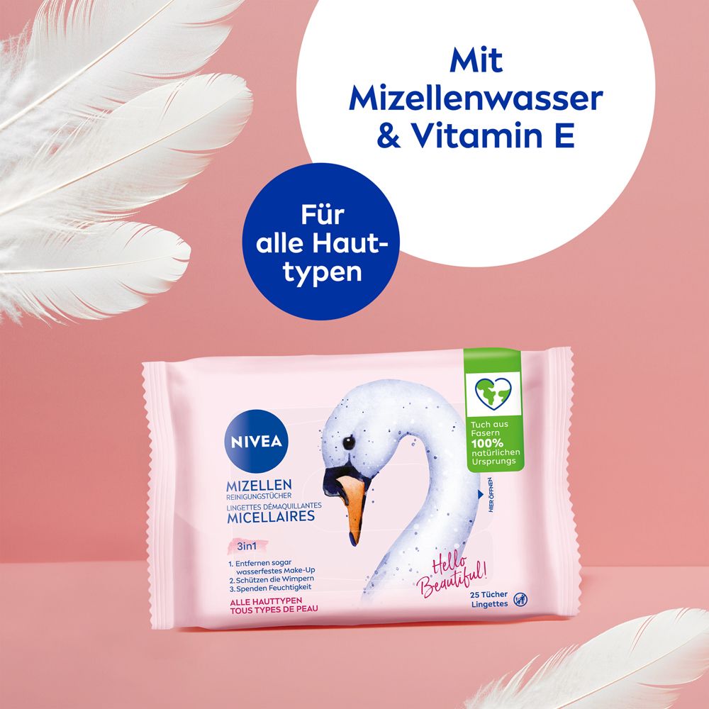 Lingettes démaquillantes micellaires NIVEA 3-en-1 avec cygne. Eau micellaire et vitamine E.
