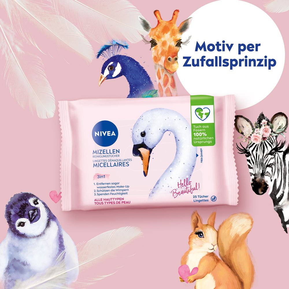 Lingettes démaquillantes micellaires NIVEA 3en1 avec motifs animaux: paon, girafe, pingouin, écureuil, zèbre.