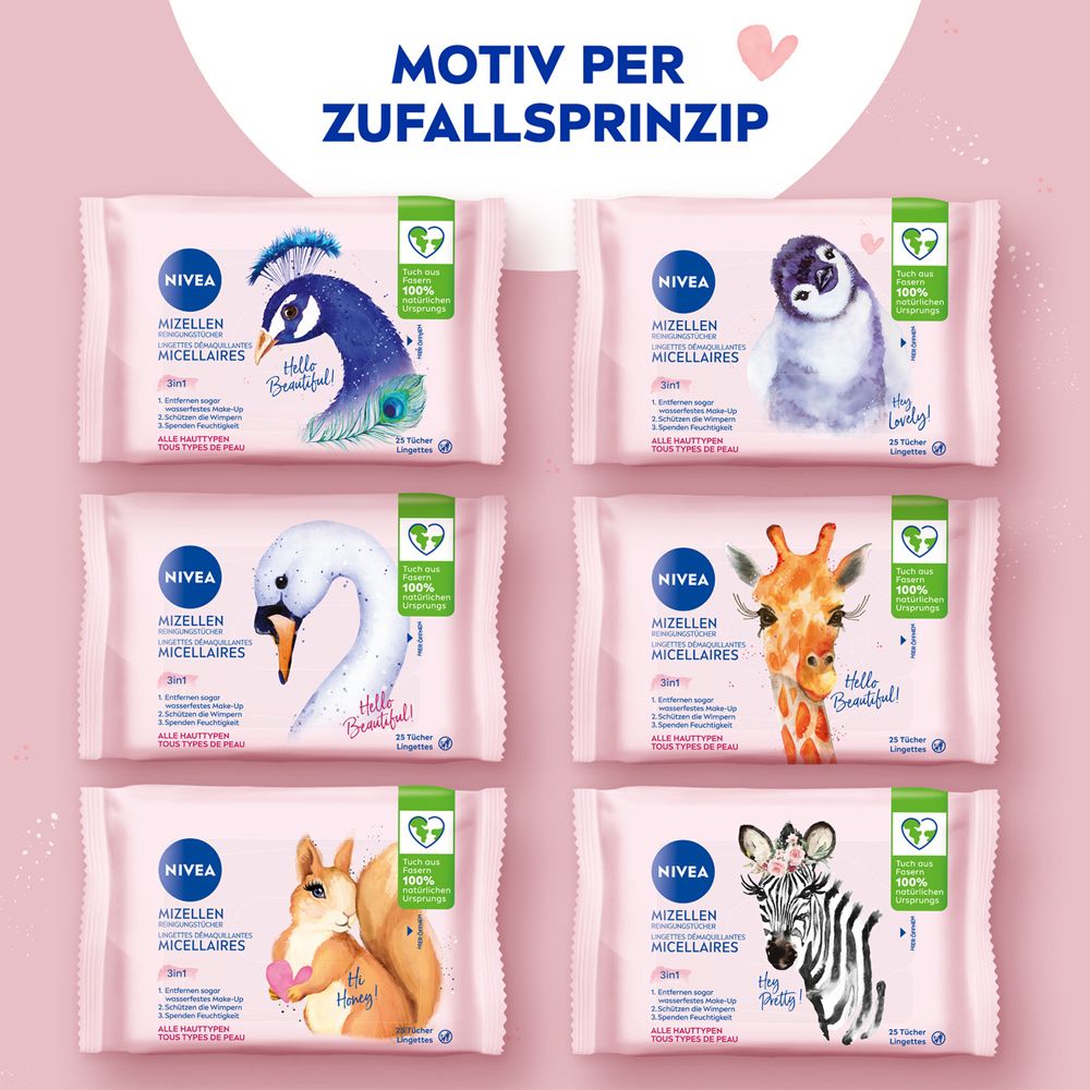 Six motifs différents de lingettes démaquillantes NIVEA : paon, pingouin, cygne, girafe, écureuil, zèbre.