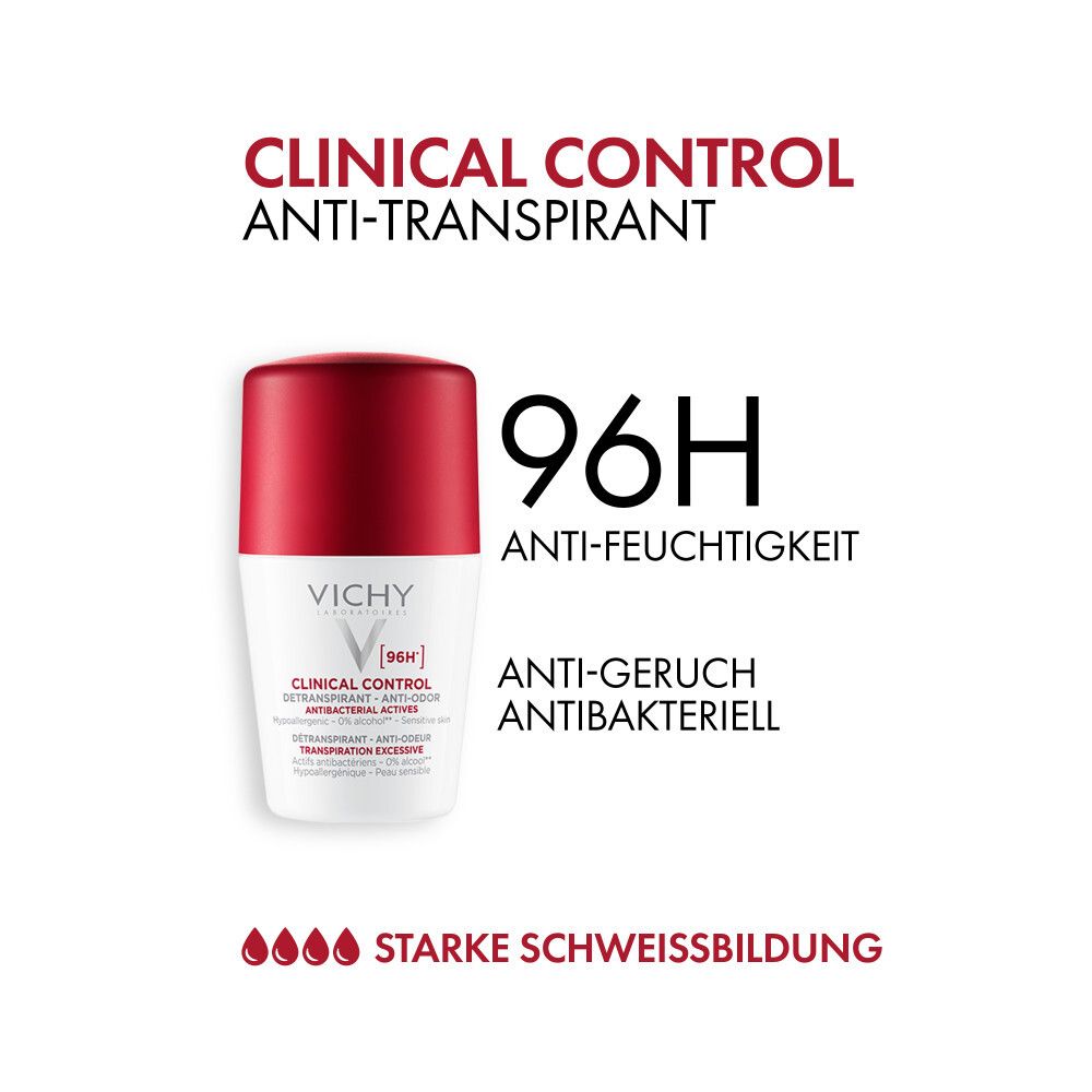 Vichy Clinical Control Anti-Transpirant Roll-On mit rotem Deckel.