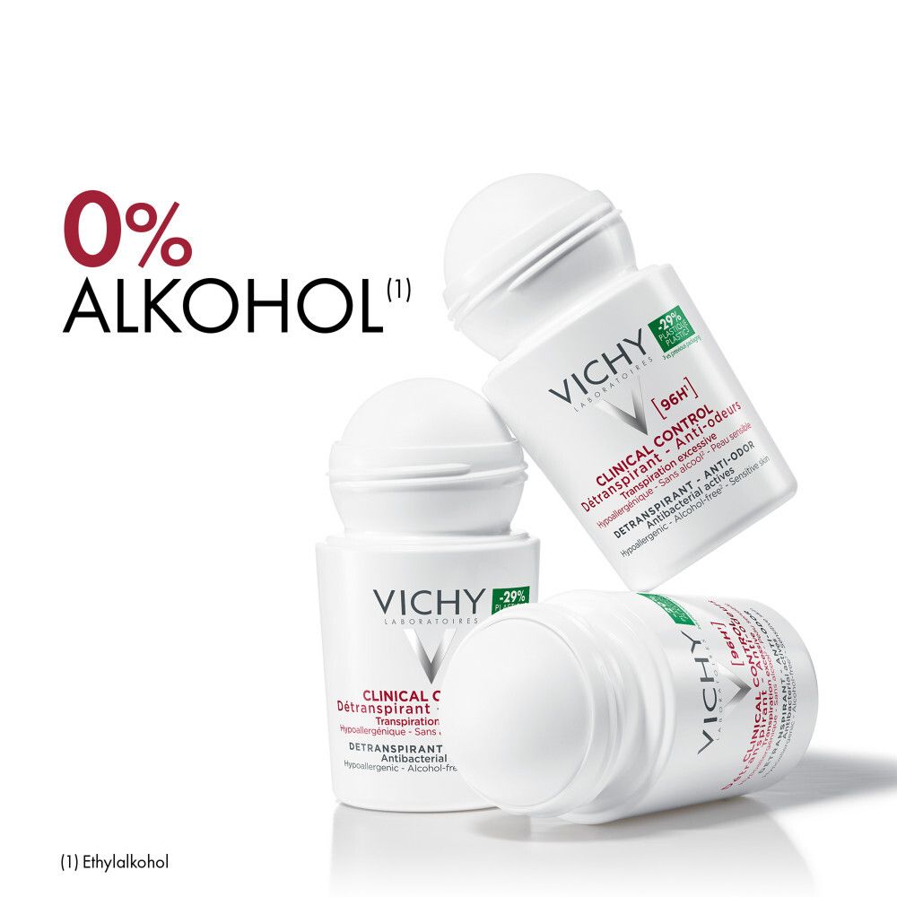 Trois roll-ons. Blancs avec bouchon rouge. Texte : 0% alcool. Nom du produit et marque Vichy.