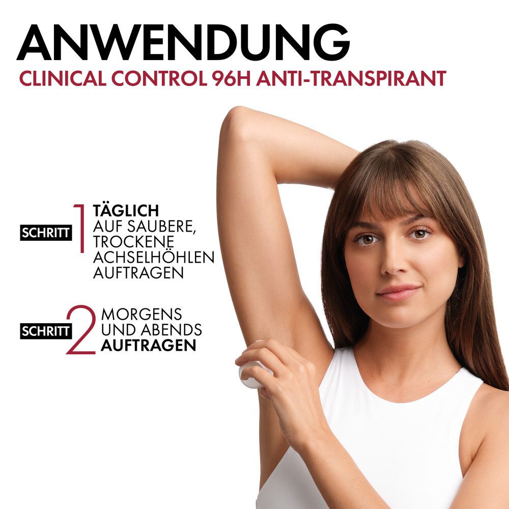 Femme appliquant le roll-on. Texte : Application, Clinical Control 96h. Étapes : 1. Appliquer quotidiennement. 2. Matin et soir.