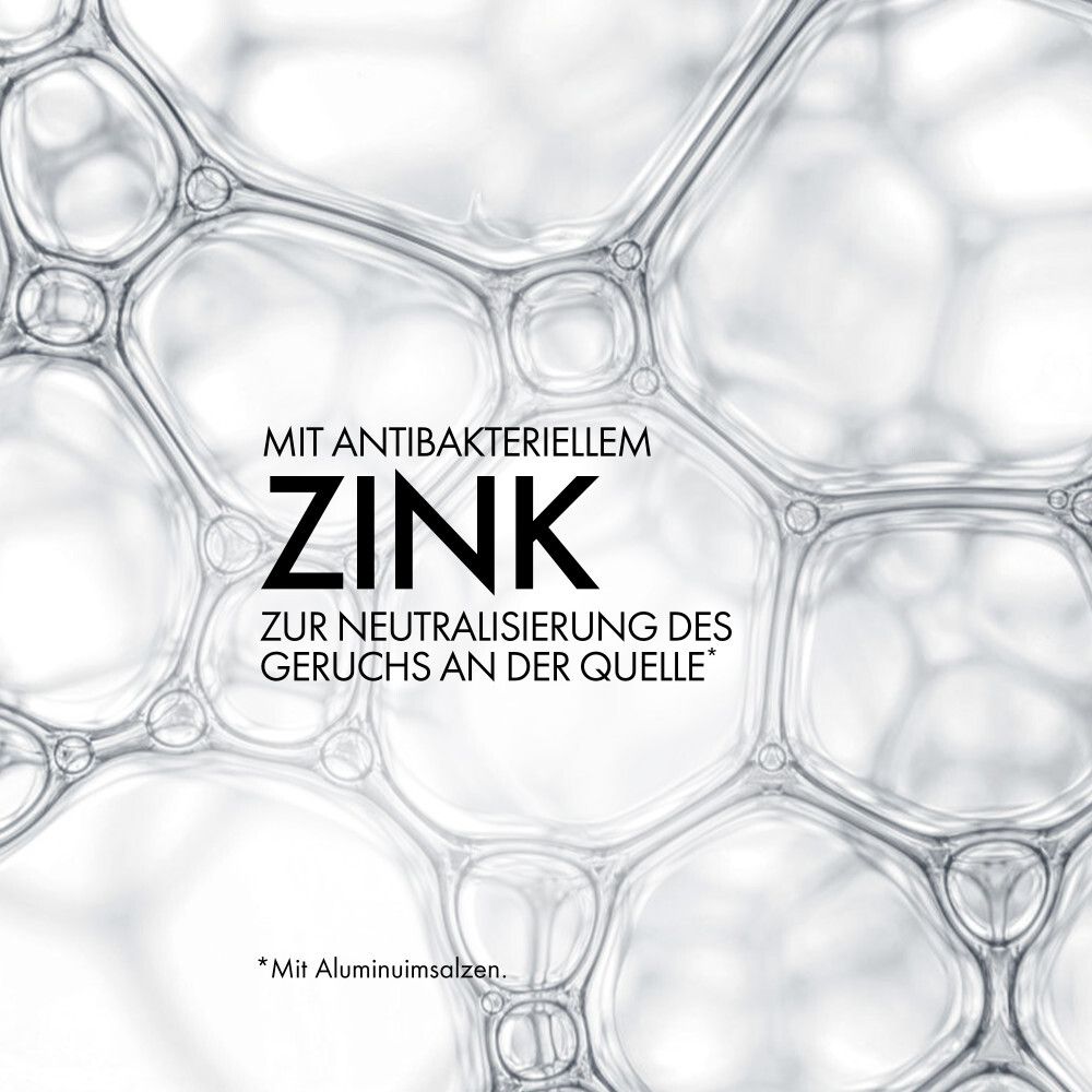 Texte : Avec zinc antibactérien. Pour neutraliser les odeurs. Fond : bulles de savon.