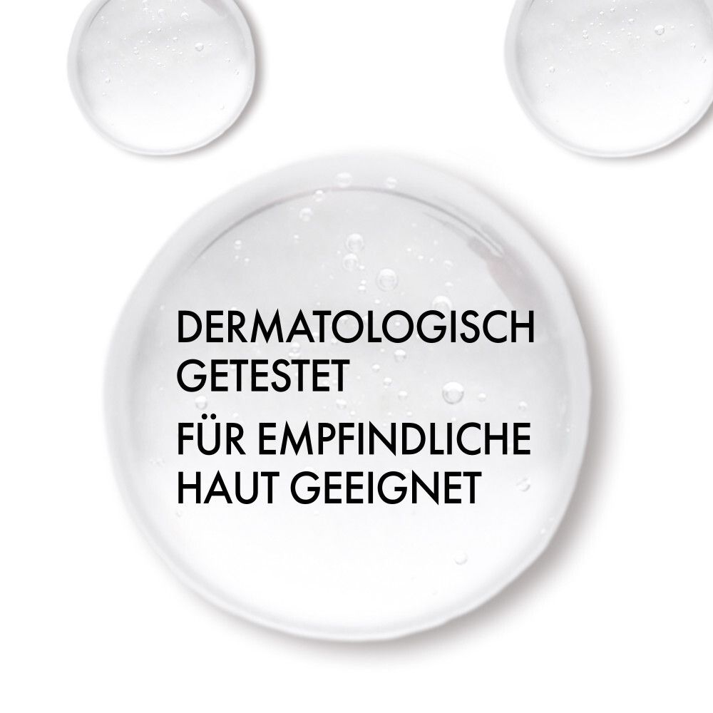 Texte : Testé dermatologiquement. Convient aux peaux sensibles. Fond : cercles transparents.