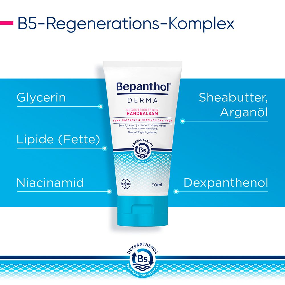 Bepanthol® DERMA Regenerierender Handbalsam für die tägliche Pflege, beruhigt sofort juckende, trockene Hände, zieht schnell ein und spendet bis zu 48h Feuchtigkeit. Mit B5-Regenerations-Komplex