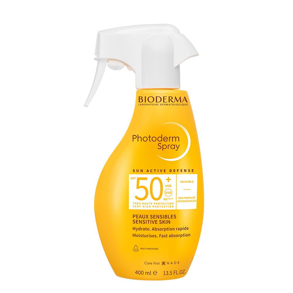 Flacon jaune avec vaporisateur blanc. Inscription: BIODERMA Photoderm Spray SPF 50+. Pour peaux sensibles.