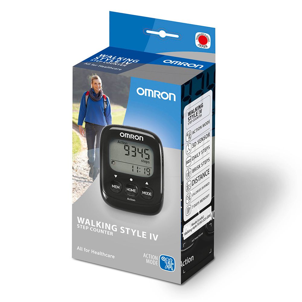 OMRON Walking Style IV Schrittzähler in Verpackung. Schwarzes Gerät mit Display, zeigt Schritte und Zeit. Verpackung mit Frau.