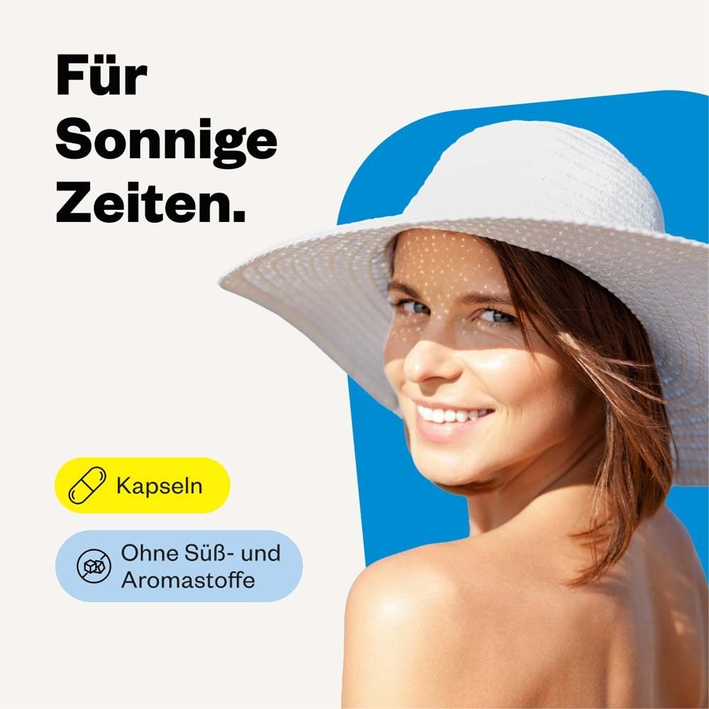 Frau mit Sonnenhut. Text: Für sonnige Zeiten. Kapseln. Ohne Süß- und Aromastoffe.