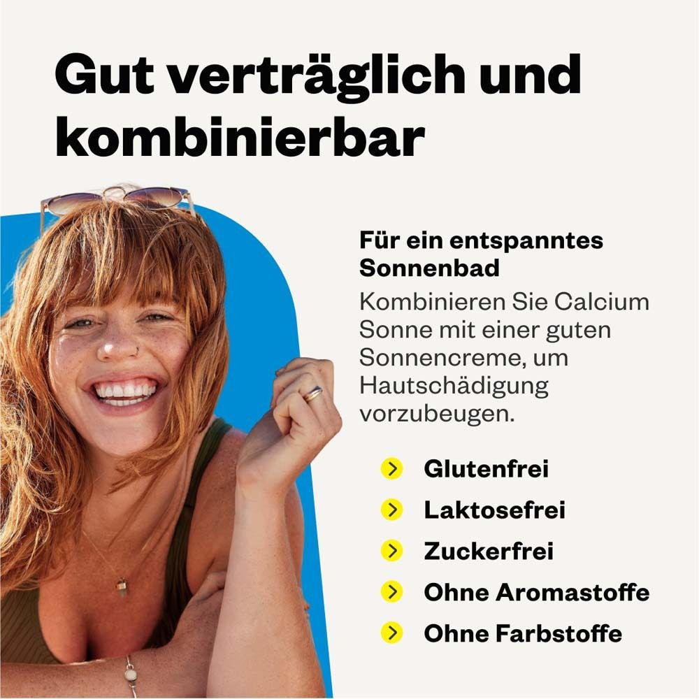 Frau lächelt. Text: Gut verträglich und kombinierbar. Glutenfrei, laktosefrei, zuckerfrei, ohne Aromastoffe, ohne Farbstoffe.