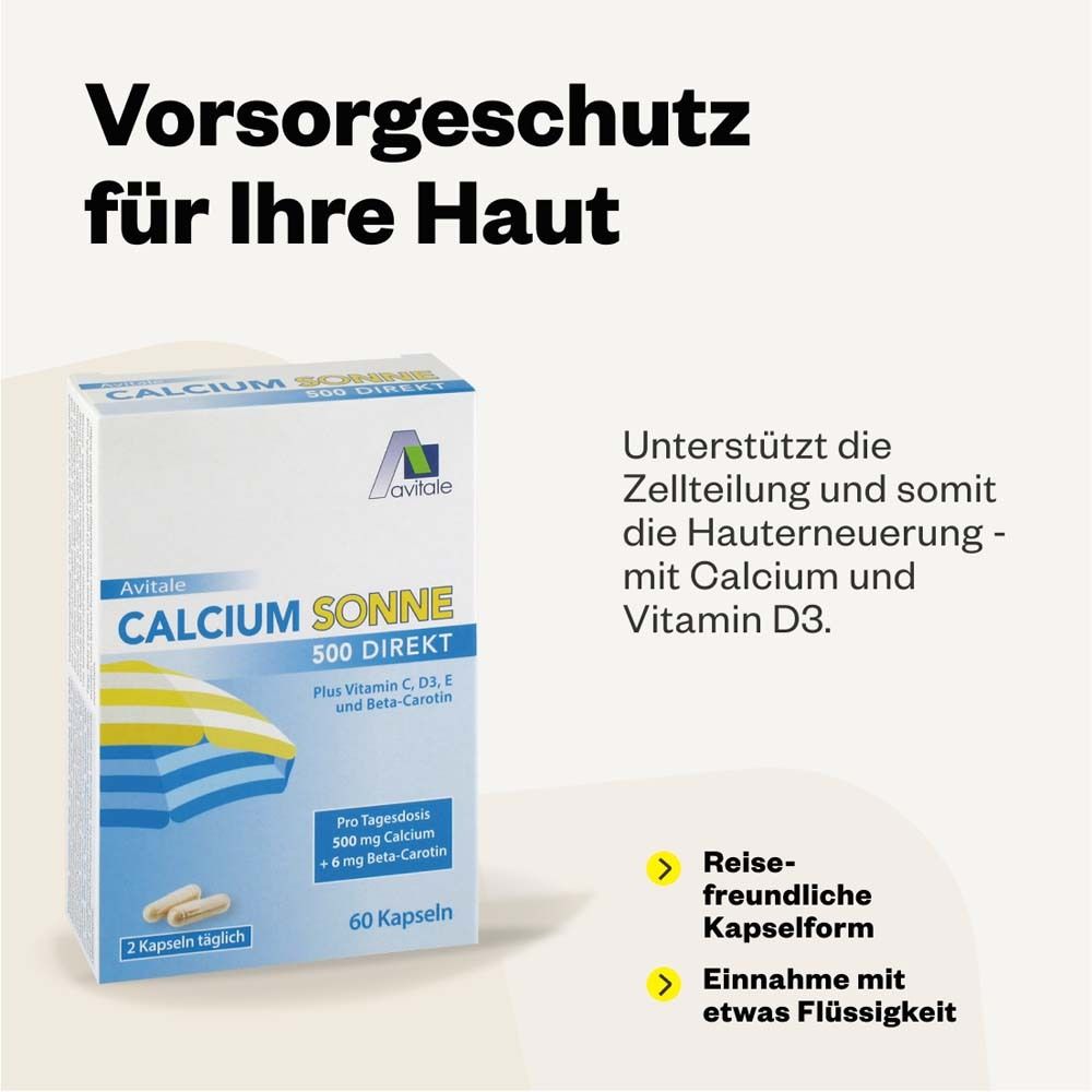 Schachtel Avitale Calcium Sonne 500 mg. Text: Vorsorgeschutz für Ihre Haut. 60 Kapseln. Reisefreundliche Kapselform.