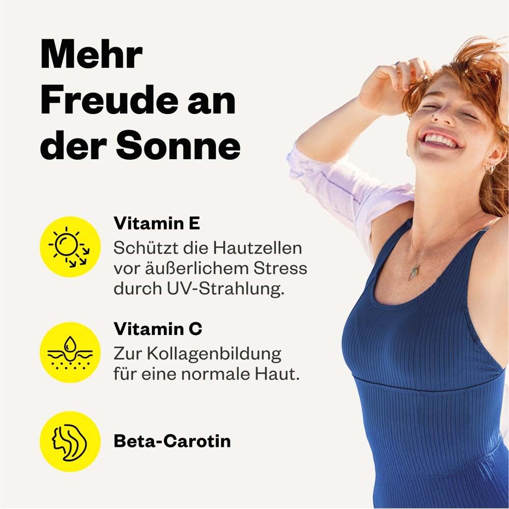 Frau mit blauem Top. Text: Mehr Freude an der Sonne. Vitamin E, C, Beta-Carotin.