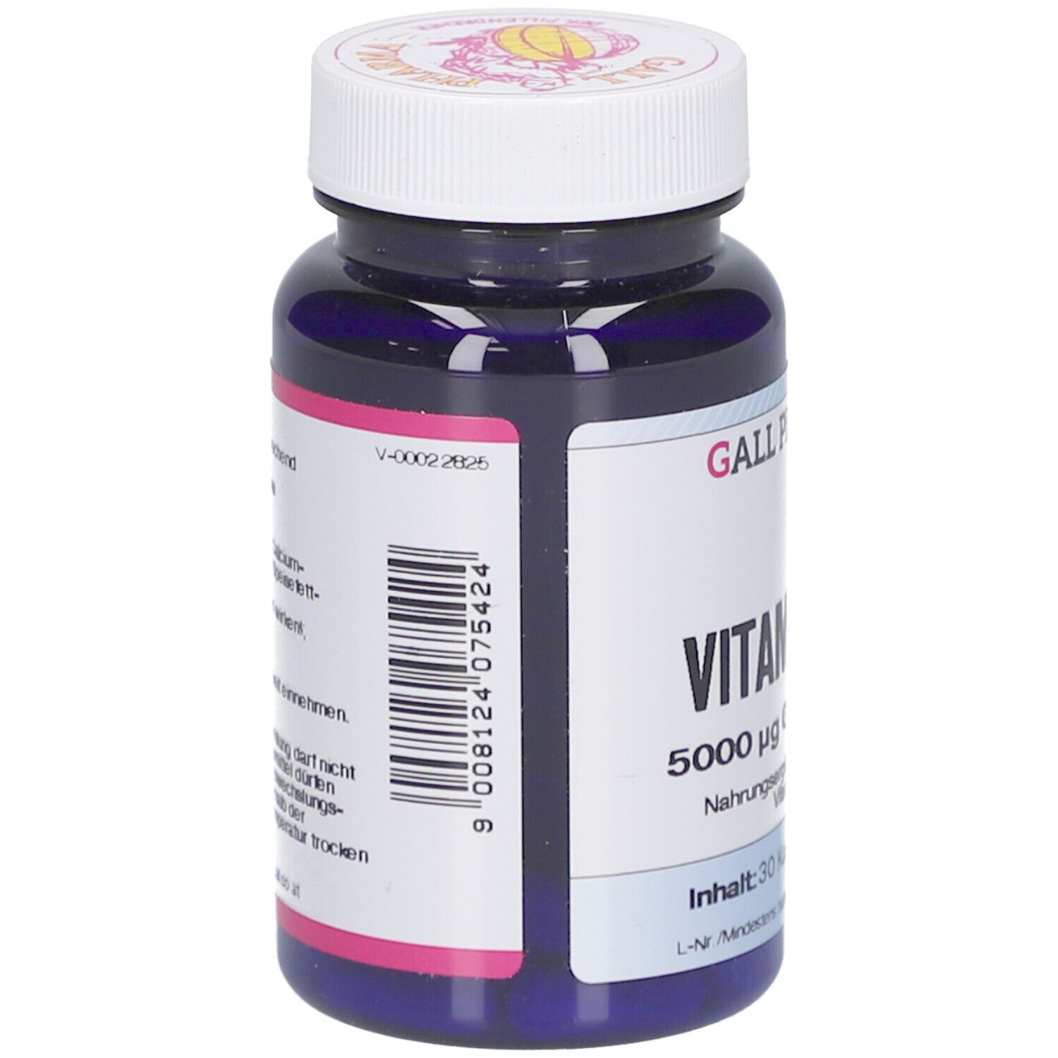 Blaue Flasche mit weißem Deckel. Aufkleber mit Barcode und Text. Marke: GALL PHARMA. Vitamin B12 5000 µg GPH Kapseln.