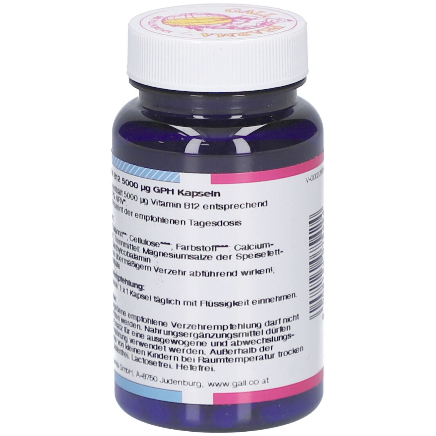 Blaue Flasche mit weißem Deckel. Rückseite mit Text. Marke: GALL PHARMA. Vitamin B12 5000 µg GPH Kapseln.