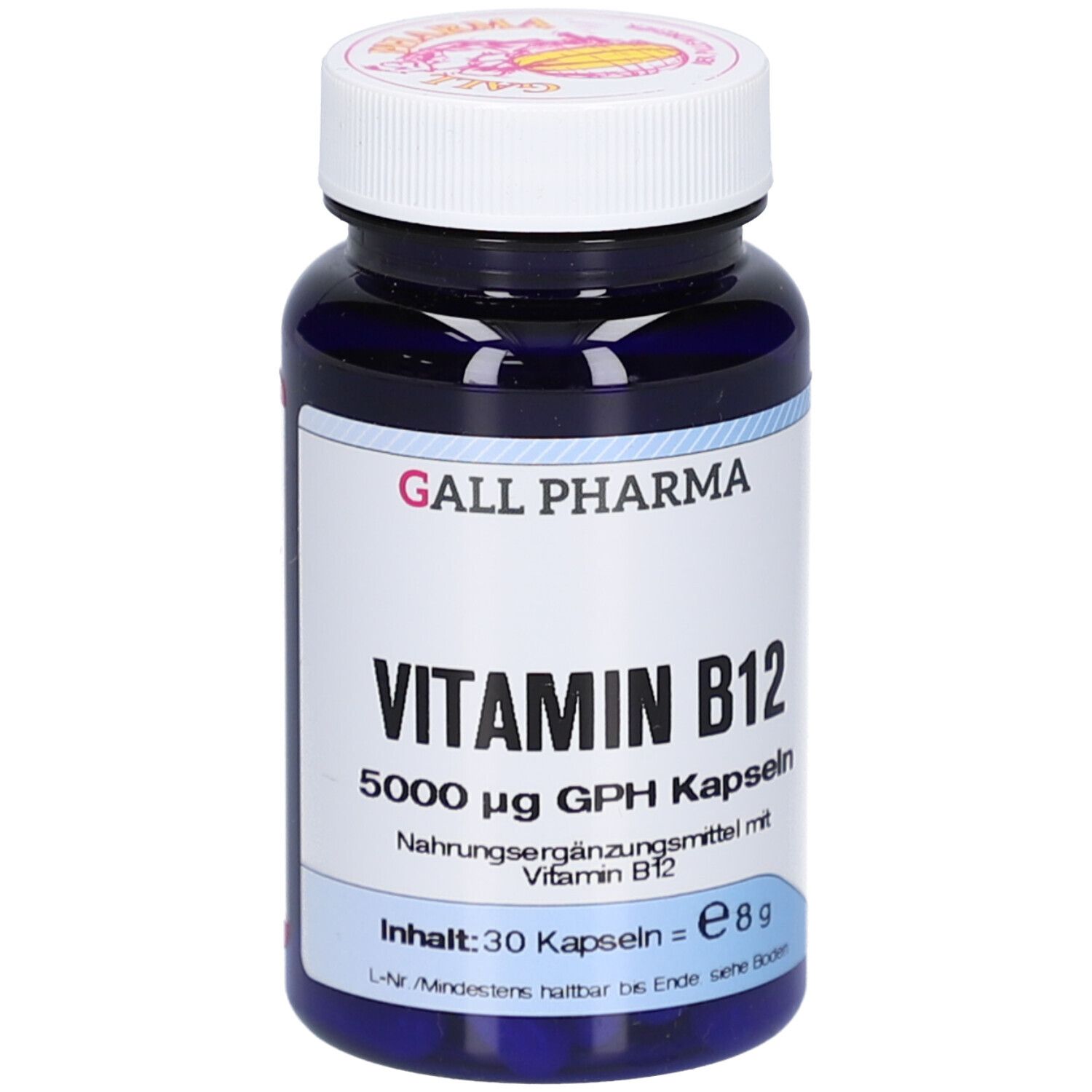 Blaue Flasche mit weißem Deckel. Aufschrift: Vitamin B12 5000 µg GPH Kapseln. Marke: GALL PHARMA.