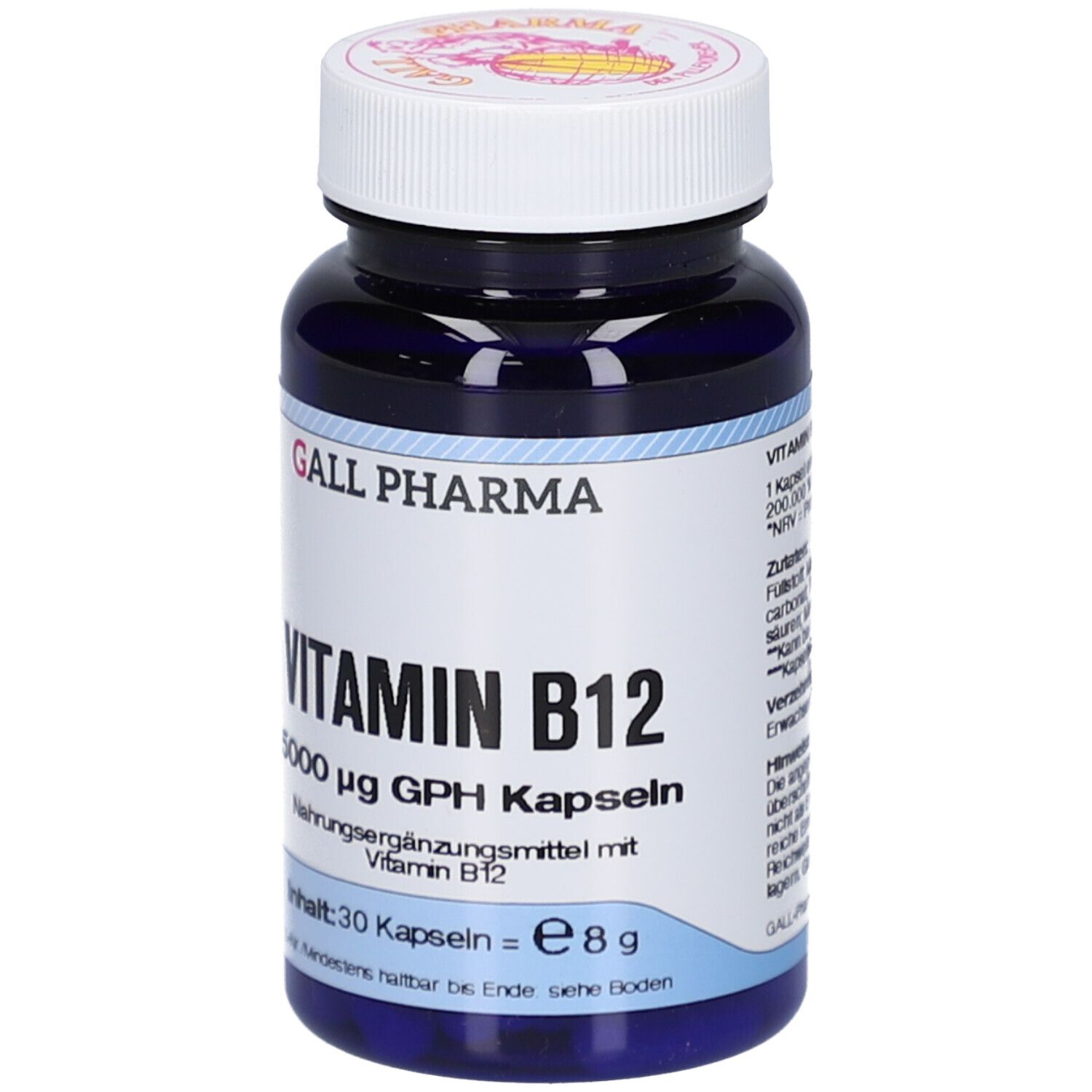 Blaue Flasche mit weißem Deckel. Aufschrift: Vitamin B12 5000 µg GPH Kapseln. Marke: GALL PHARMA.