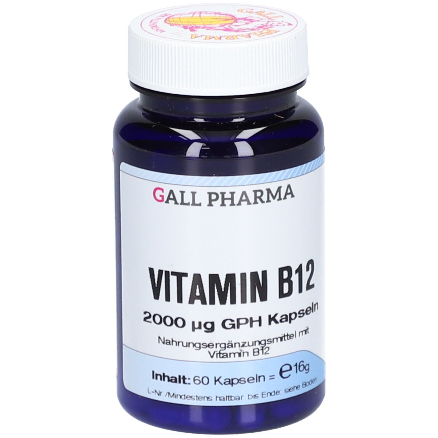 Blaue Flasche mit weißem Deckel. Aufschrift: GALL PHARMA Vitamin B12, 2000 µg. Inhalt: 60 Kapseln.