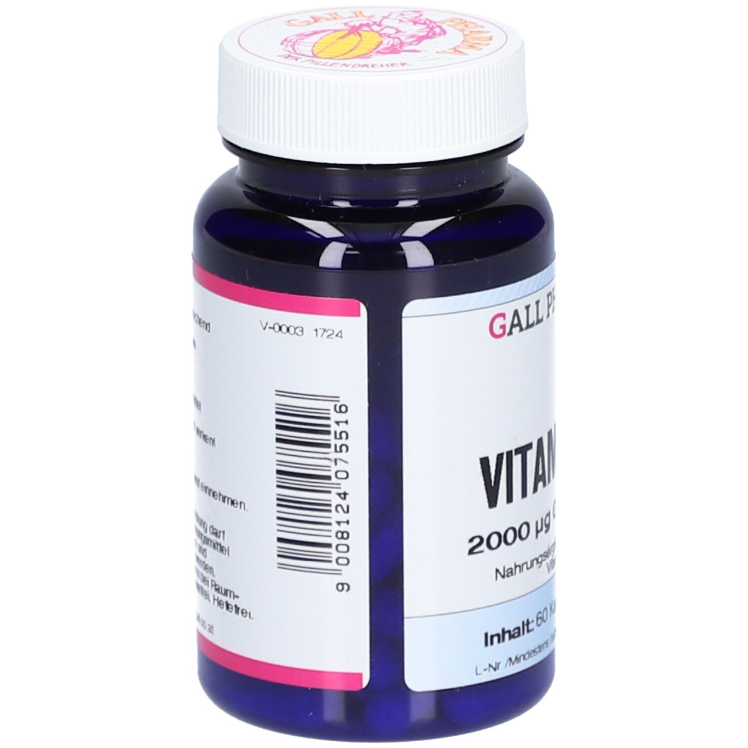 Blaue Flasche mit weißem Deckel. Aufschrift: GALL PHARMA Vitamin B12. Rückseite mit Text und Barcode.