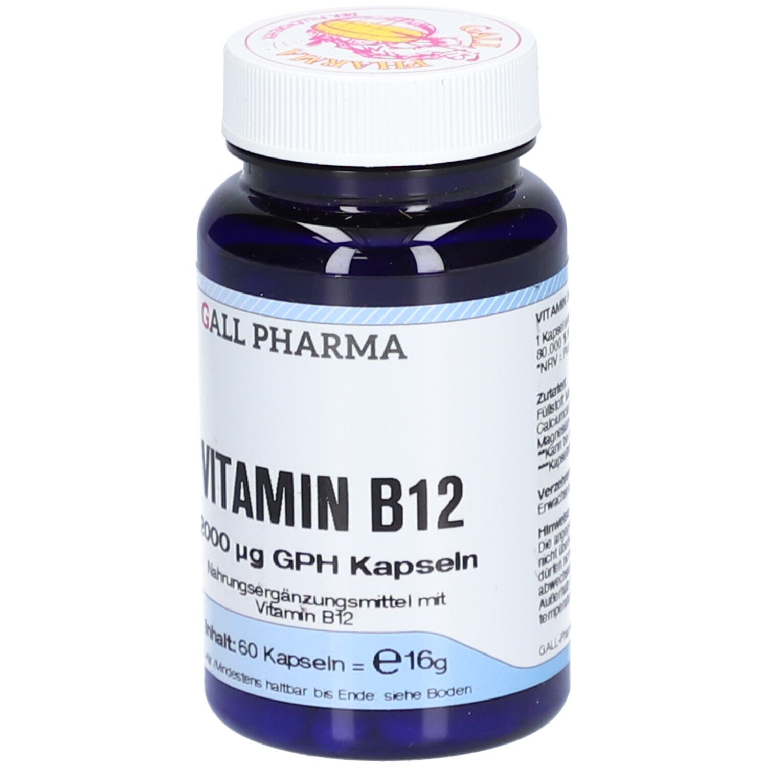 Blaue Flasche mit weißem Deckel. Aufschrift: GALL PHARMA Vitamin B12, 2000 µg. Inhalt: 60 Kapseln.