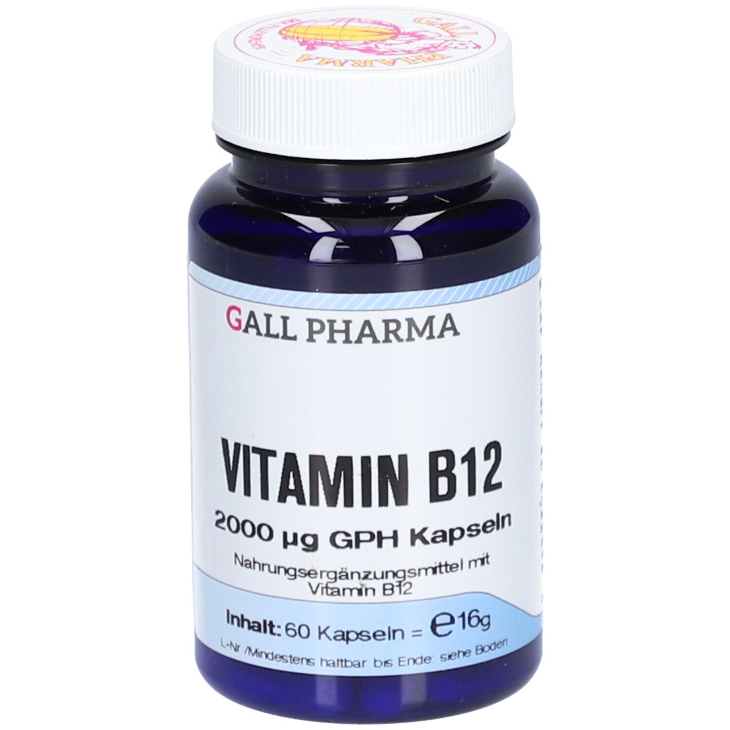 Blaue Flasche mit weißen Kapseln. Aufschrift: GALL PHARMA Vitamin B12, 2000 µg. Inhalt: 60 Kapseln.