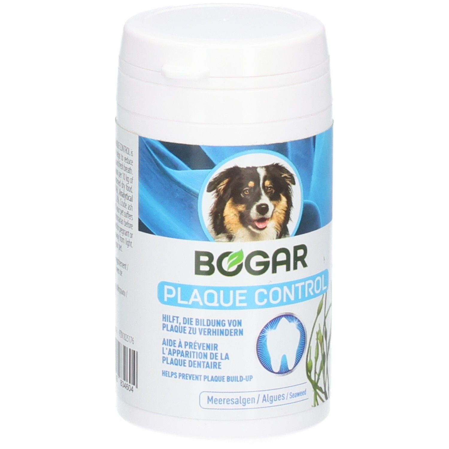 Weiße Dose mit blauem Etikett. Aufschrift: BOGAR PLAQUE CONTROL. Abbildung eines Hundes und eines Zahns.